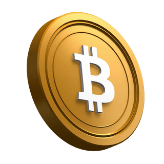 Elemento visual con una moneda Bitcoin BTC inclinada en la sección principal